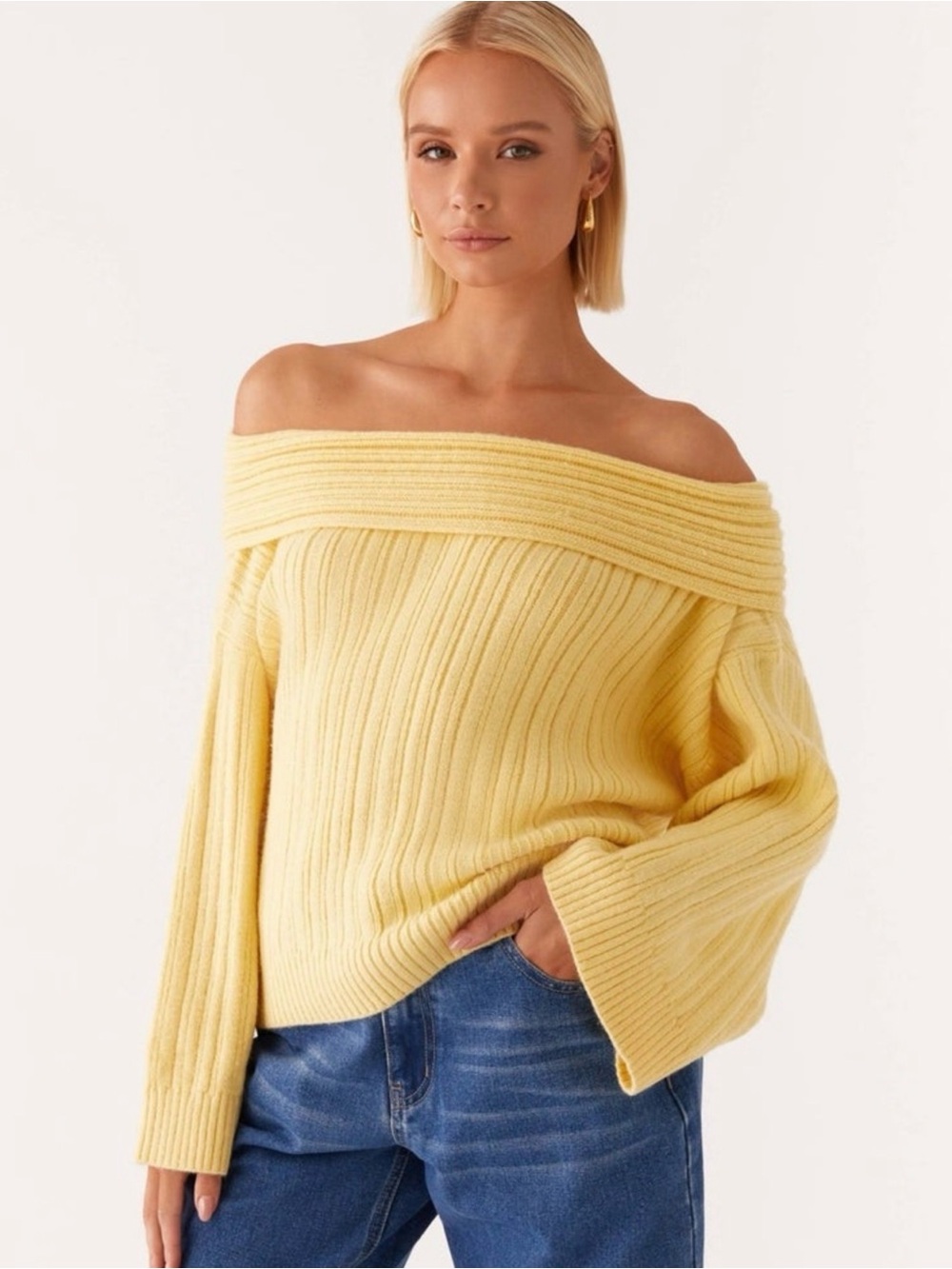 Peppermayo Pale Yellow Off-the-Shoulder Ribbed Sweater